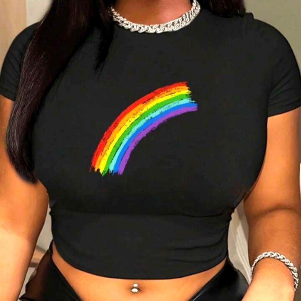 Ladies Black Rainbow Crew Crop Tee sz M